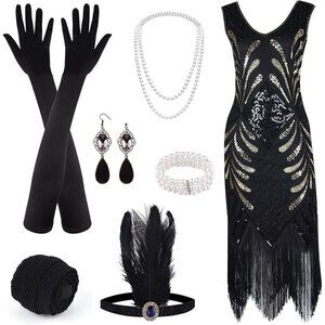 1920s Sequin Beaded Fringe Dress with Accessories V Neck Prom Party